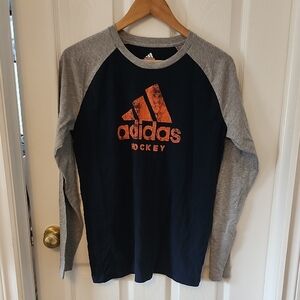 Adidas Kids Long Sleeve Shirt in Navy and Gray with Orange Logo